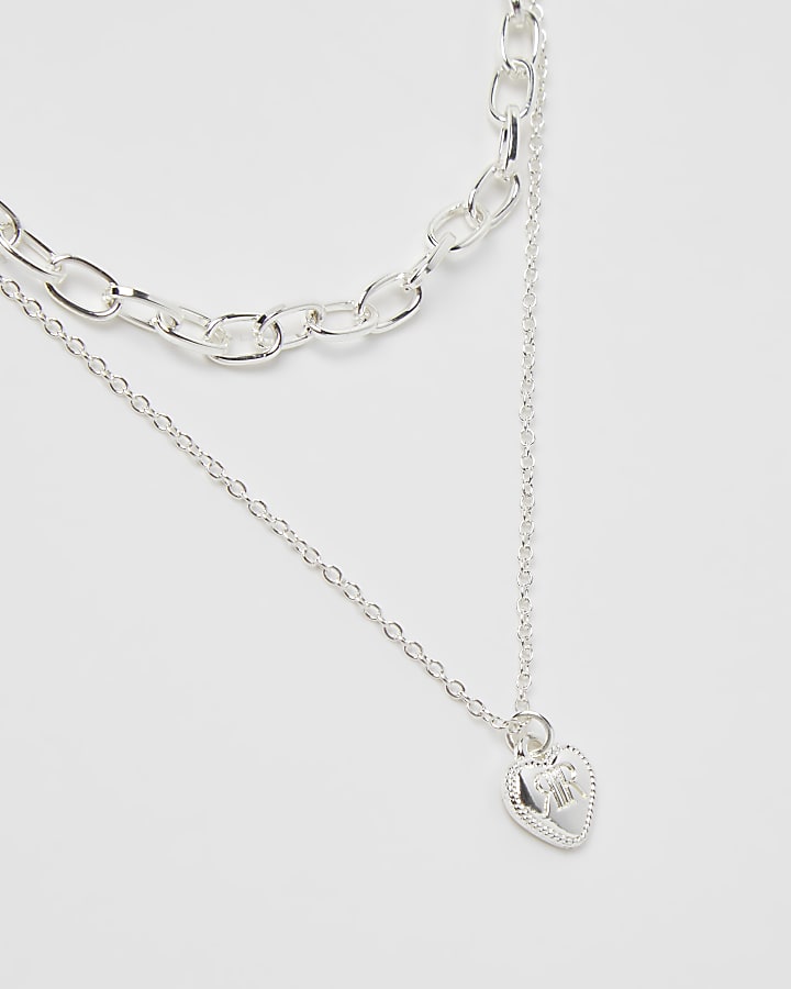 Girls silver colour heart multirow necklace