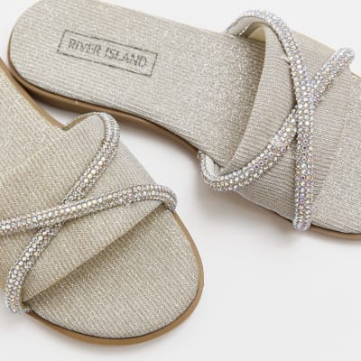 Girls silver embellished sliders River Island