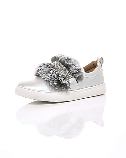 360 degree animation of product Girls silver faux fur diamante strap plimsoll frame-0