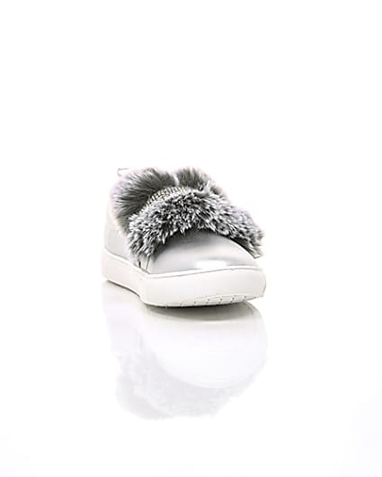 360 degree animation of product Girls silver faux fur diamante strap plimsoll frame-5