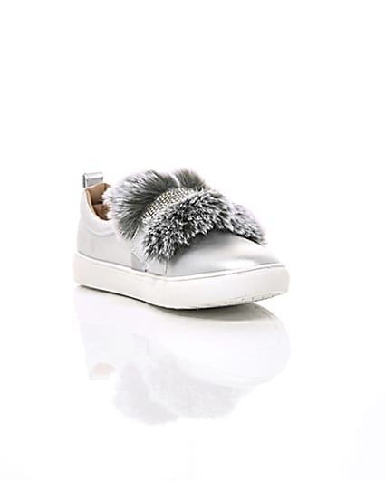 360 degree animation of product Girls silver faux fur diamante strap plimsoll frame-6