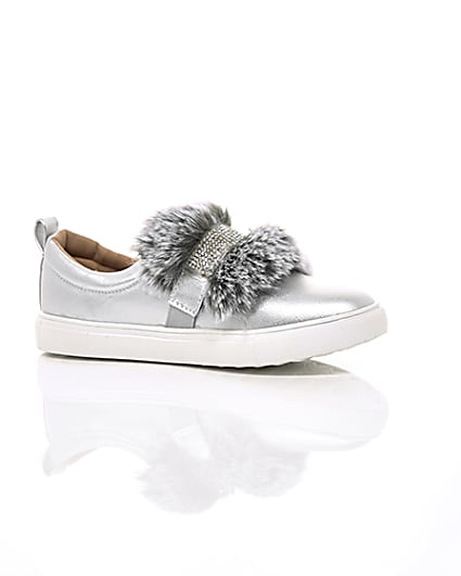 360 degree animation of product Girls silver faux fur diamante strap plimsoll frame-8