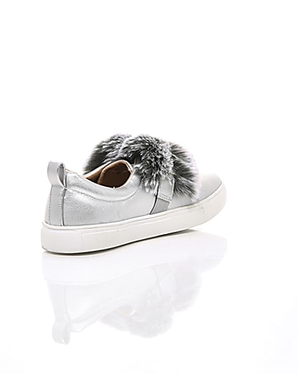 360 degree animation of product Girls silver faux fur diamante strap plimsoll frame-13