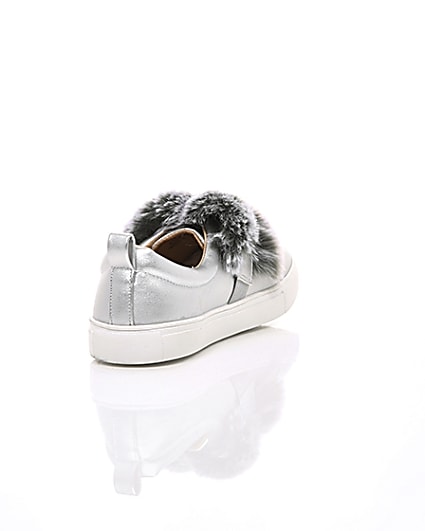 360 degree animation of product Girls silver faux fur diamante strap plimsoll frame-14