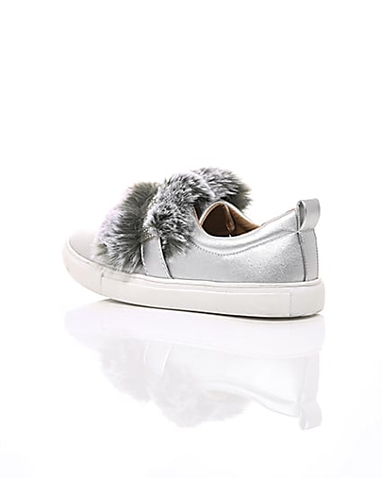 360 degree animation of product Girls silver faux fur diamante strap plimsoll frame-19
