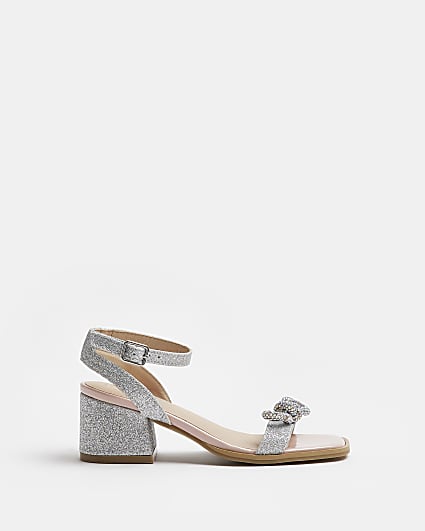 Girls silver glitter bow heeled sandals