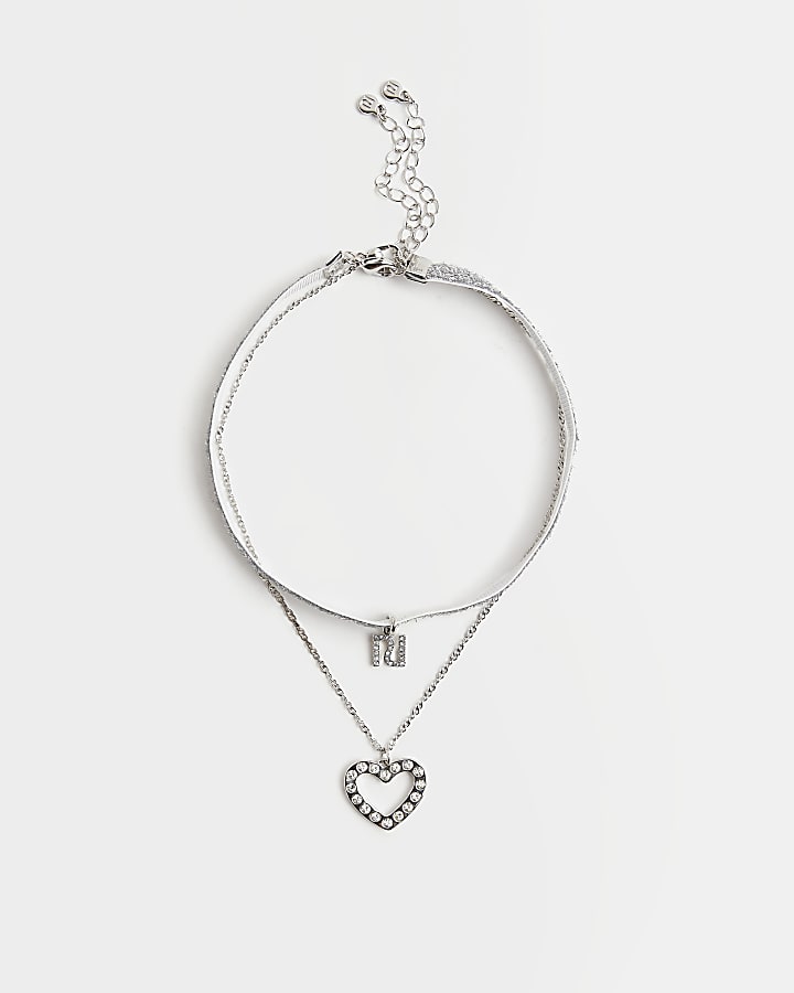 Girls silver heart glitter necklace multipack