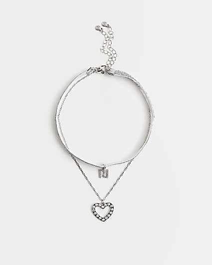 Girls silver heart glitter necklace multipack