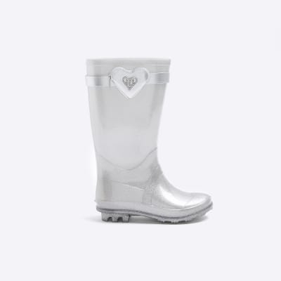 Girls silver heart pocket wellie boots River Island