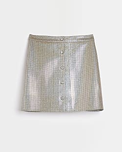 Girls Silver metallic faux leather skirt