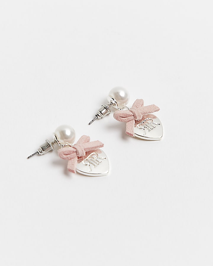 Girls silver pearl and bow earrings