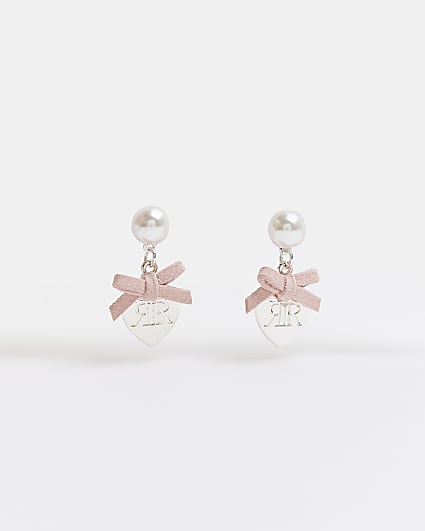 Girls silver pearl and bow earrings
