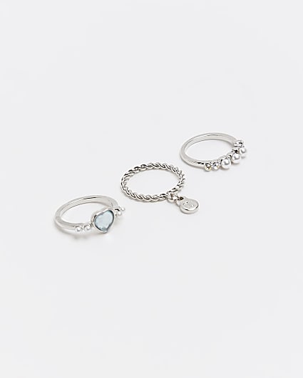 Girls silver pearl and heart rings 3 pack