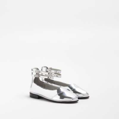 Girls Silver PU Buckle Ballerina shoes