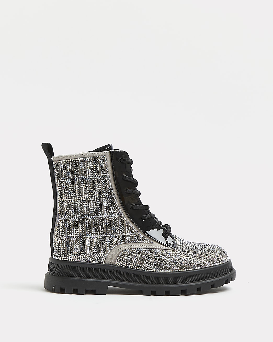 Girls silver RI diamante lace up boots
