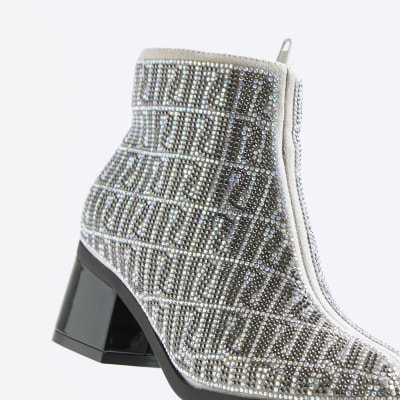 Girls silver RI monogram diamante boots
