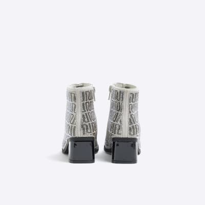 Girls silver RI monogram diamante boots River Island