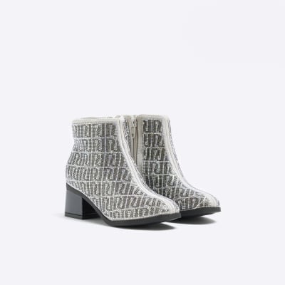 Girls silver RI monogram diamante boots River Island