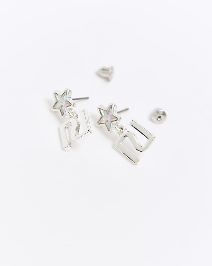 Girls Silver RI Star Diamante Earrings