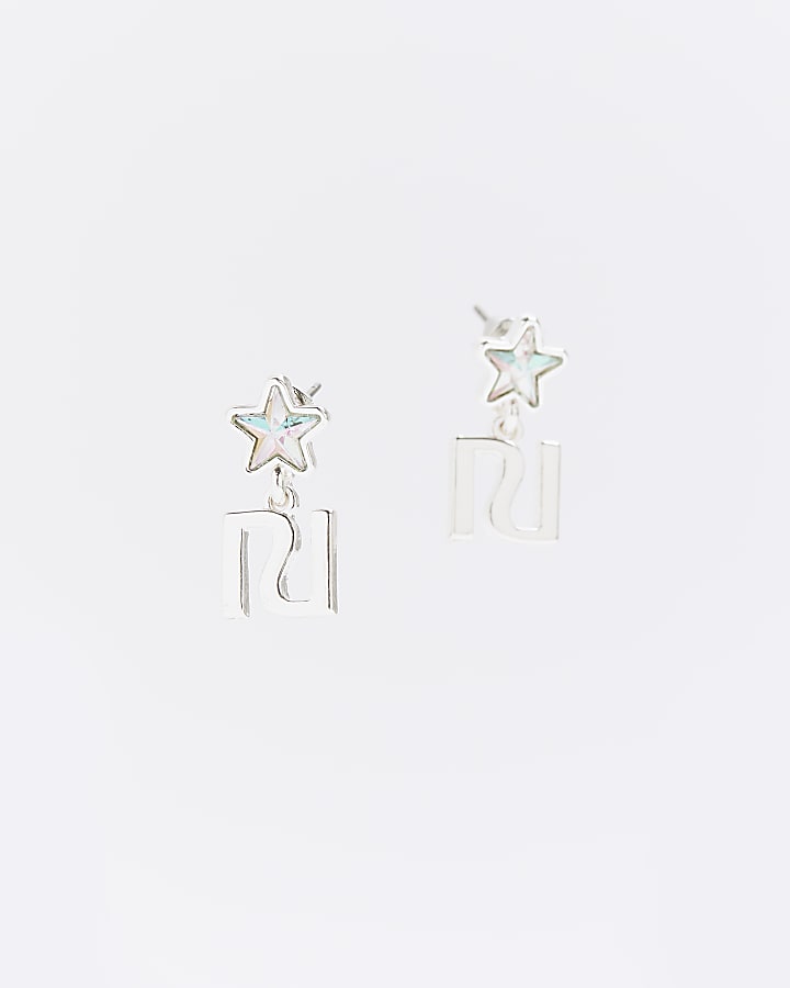 Girls Silver RI Star Diamante Earrings