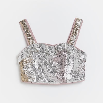 Girls silver sequin crop top River Island