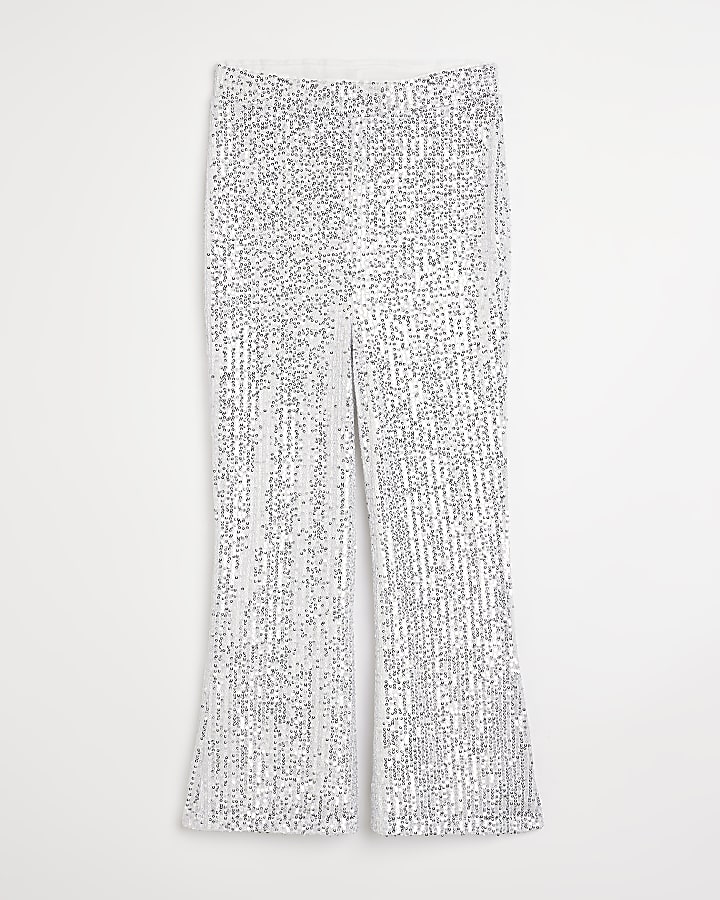 Girls silver sequin flared trousers