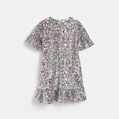silver sequin puff sleeve dress