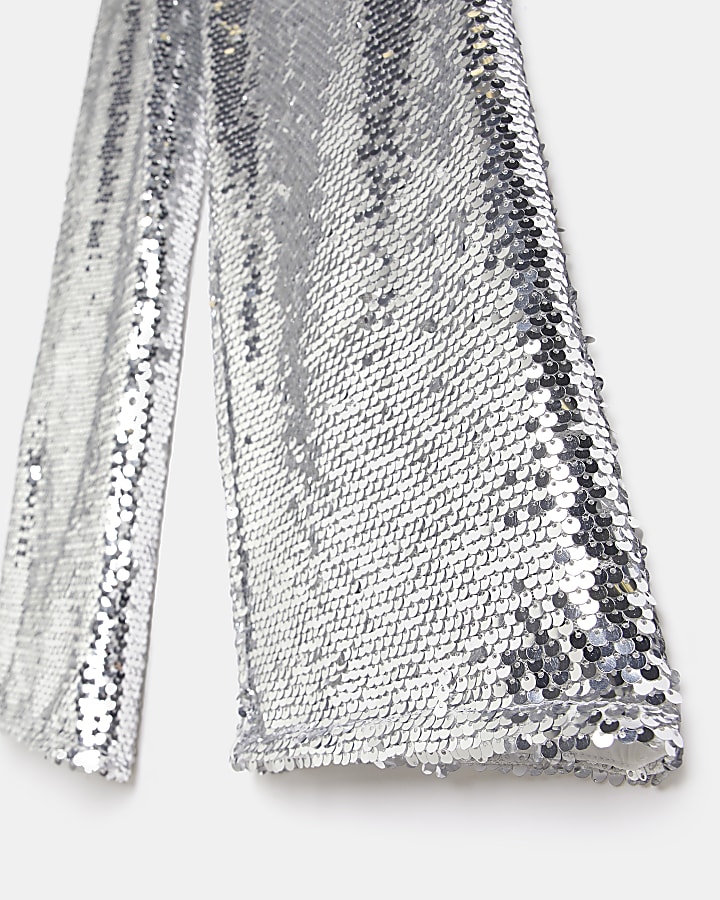Girls silver sequin wide leg trousers