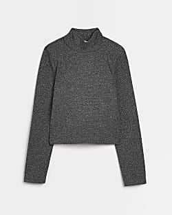 Girls Silver Sparkle Funnel neck Top