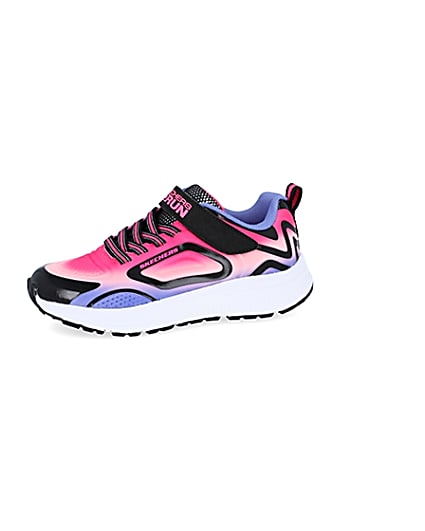 360 degree animation of product Girls Skechers black trainers frame-2