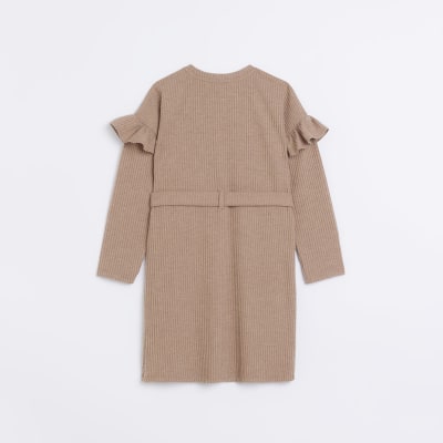 Girls Stone Cosy Ribbed Belted Dress