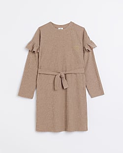 Girls Stone Cosy Ribbed Belted Dress