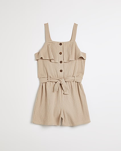 Girls stone tie waist frill ribbed playsuit