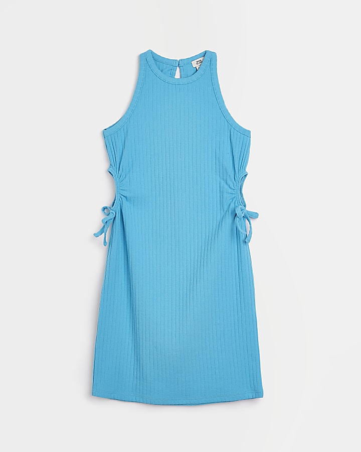 Girls turquoise halterneck cut out rib dress