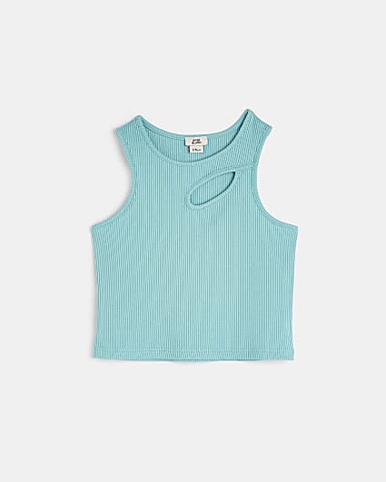 Girls turquoise ribbed cut out racer top