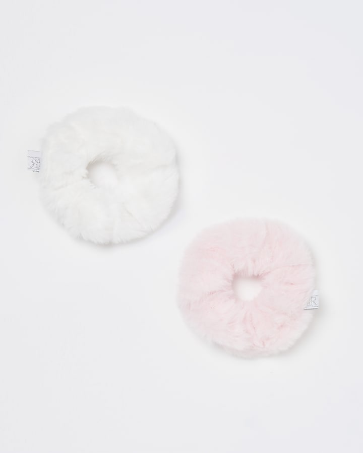 Girls white & pink faux fur scrunchies 2 pack
