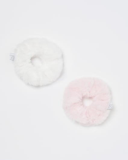Girls white & pink faux fur scrunchies 2 pack