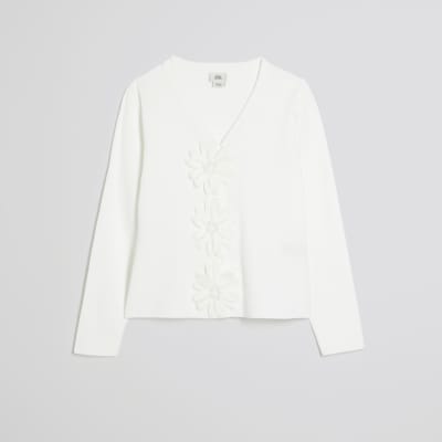 Girls White 3D Flower Cardigan