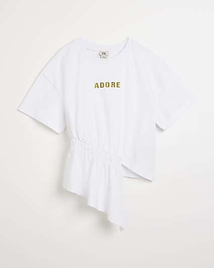 Girls white 'adore' print asymmetric t-shirt