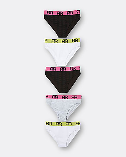 Girls white and neon RI branded briefs 5 pack