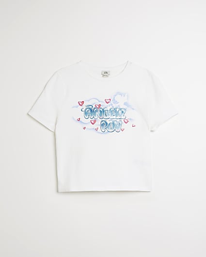 Girls white 'Angelz POV' printed t-shirt
