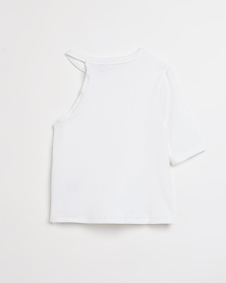 Girls white asymmetric embellished ribbed top