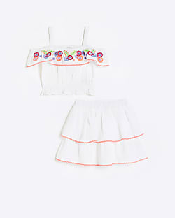 Girls white bardot embroidered skirt outfit