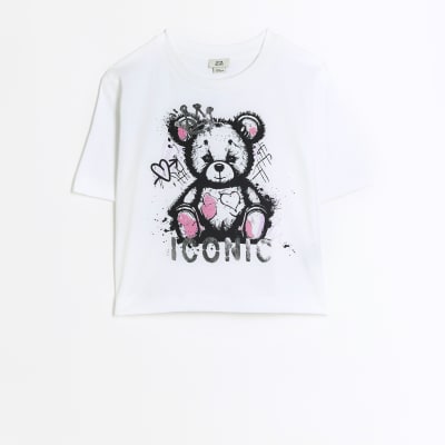 Girls white bear graffiti print t-shirt | River Island