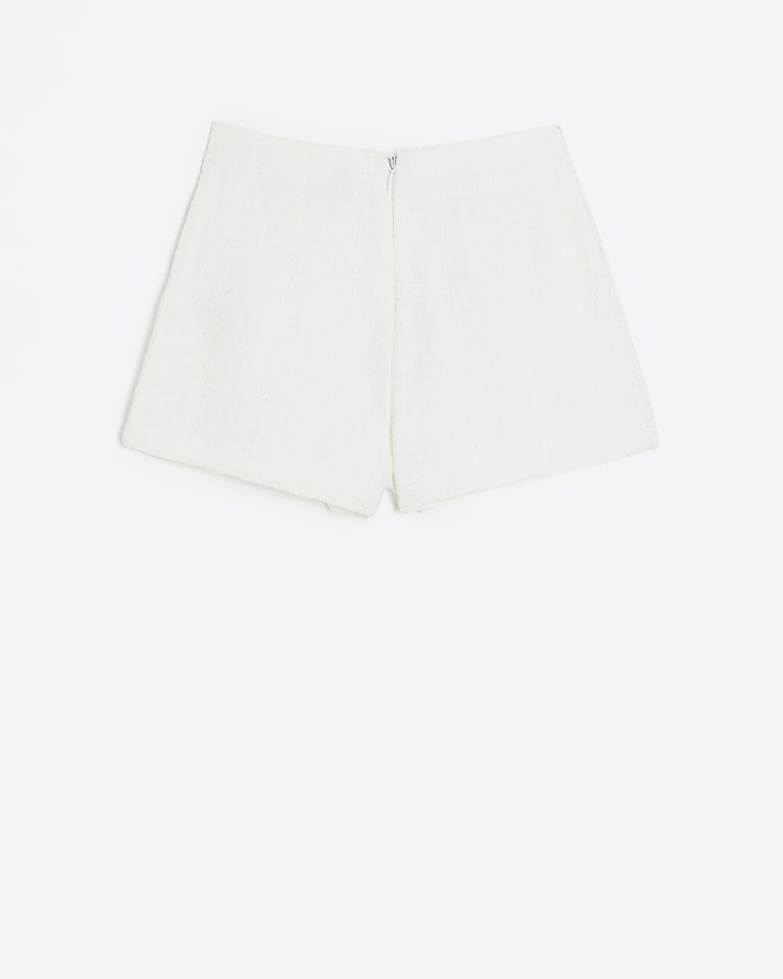 Girls white boucle button smart shorts