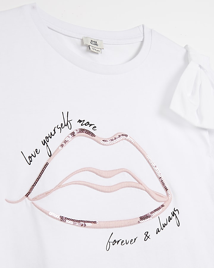 Girls white bow detail lips print t-shirt