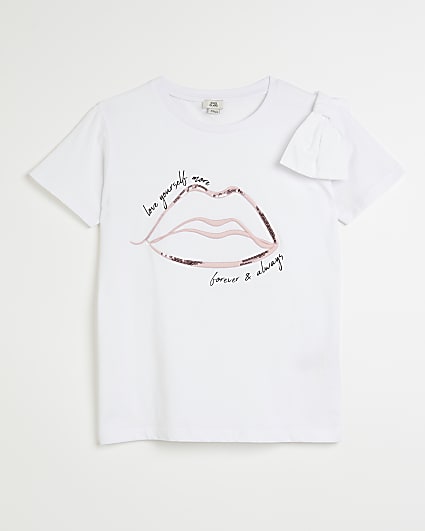Girls white bow detail lips print t-shirt