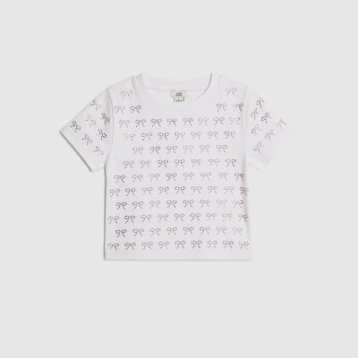 Girls White Bow Diamante T-Shirt