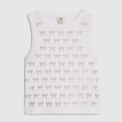 Girls White Bow Diamante Tank Top