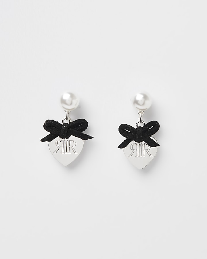Girls white bow heart earrings